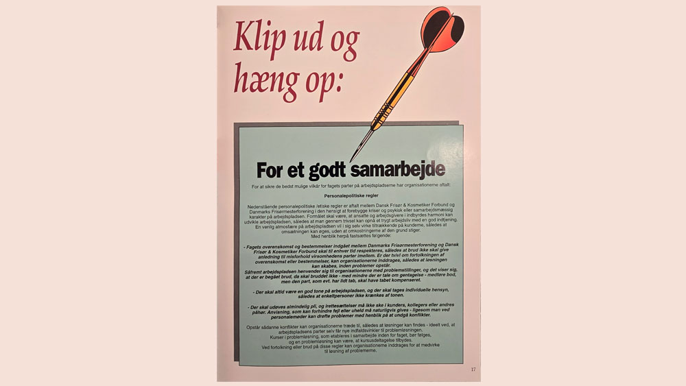 et billede af en planche hvor der står "klip ud og hæng op" midt i planchen er der en grå kasse med en dart pil der holder den fast med tekst hvor overskriften er "for et godt samarbejde"